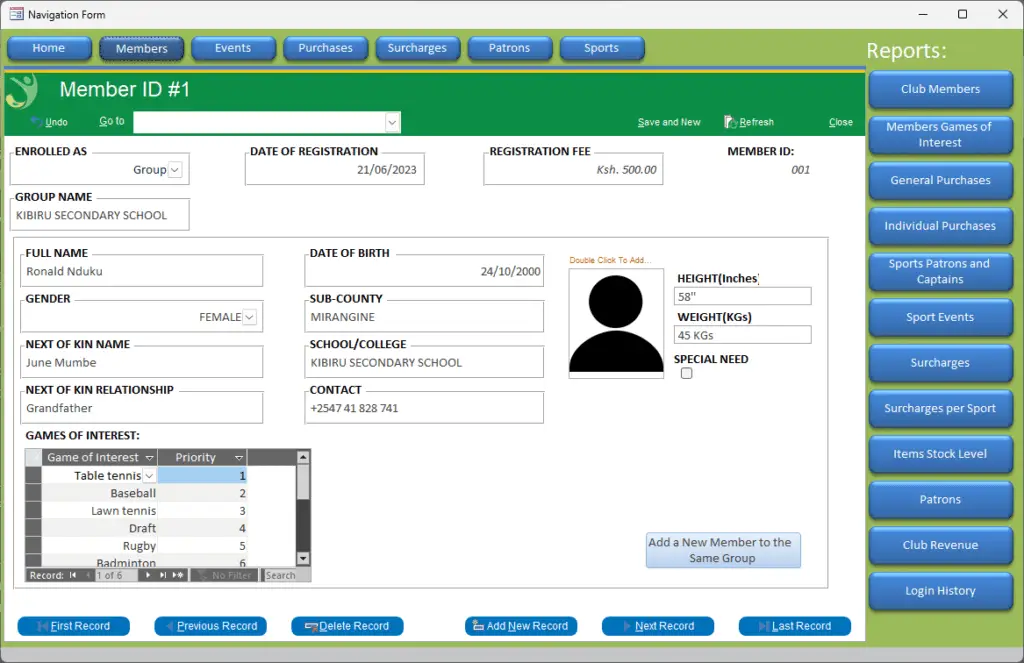 kcse computer project database 1 2023 maringo sports club system
