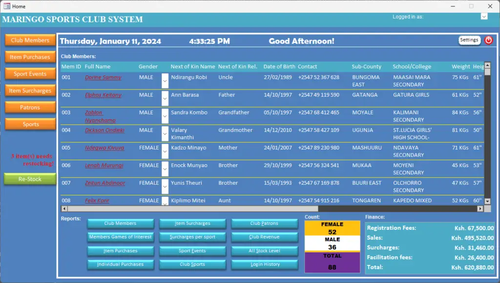 kcse computer project database 2 2023 maringo sports club system