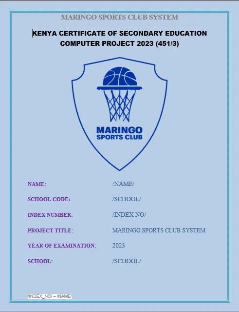kcse computer project documentation 2 2023 maringo sports club system